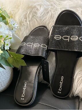 NWT Bebe Crystal Embellished Slide Sandals  - Black, Size 9/10